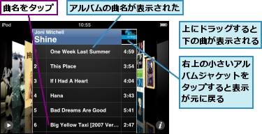 アルバムの曲名が表示された,上にドラッグすると下の曲が表示される,右上の小さいアルバムジャケットをタップすると表示が元に戻る,曲名をタップ