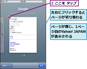 2 ここを タップ,ページが閉じ、1ページ目のYahoo! JAPANが表示される,左右にフリックするとページが切り替わる