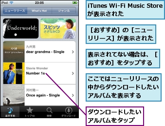 iTunes Wi-Fi Music Storeが表示された,ここではニューリリースの中からダウンロードしたいアルバムを表示する,ダウンロードしたいアルバムをタップ,表示されてない場合は、［おすすめ］をタップする,［おすすめ］の［ニューリリース］が表示された