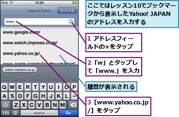 1 アドレスフィールドの×をタップ,2「w」とタップして「www.」を入力,3［www.yahoo.co.jp/］をタップ,ここではレッスン10でブックマークから表示したYahoo! JAPANのアドレスを入力する,履歴が表示される