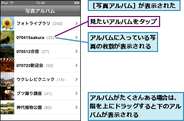 アルバムがたくさんある場合は、指を上にドラッグすると下のアルバムが表示される,アルバムに入っている写真の枚数が表示される,見たいアルバムをタップ,［写真アルバム］が表示された