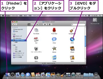 1 ［Finder］をクリック,2 ［アプリケーション］をクリック,3 ［iDVD］をダブルクリック