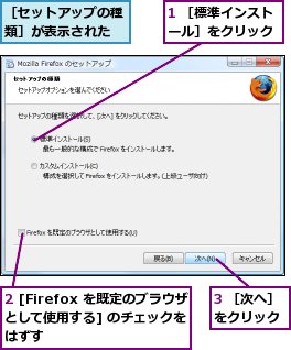 1 ［標準インストール］をクリック,2 [Firefox を既定のブラウザとして使用する] のチェックをはずす,3 ［次へ］をクリック,［セットアップの種類］が表示された