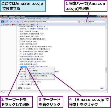 1 検索バーで[Amazon.co.jp]を選択,2 キーワードをドラッグして選択,3 キーワードを右クリック,4 ［Amazon.co.jp で検索］をクリック,ここではAmazon.co.jp で検索する