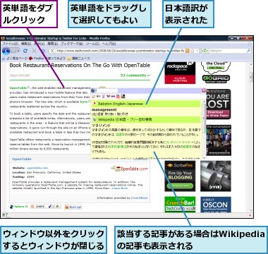 ウィンドウ以外をクリックするとウィンドウが閉じる,日本語訳が表示された,英単語をダブルクリック,英単語をドラッグして選択してもよい,該当する記事がある場合はWikipediaの記事も表示される