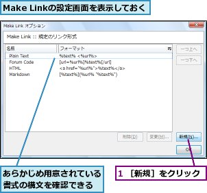 1 ［新規］をクリック,Make Linkの設定画面を表示しておく,あらかじめ用意されている書式の構文を確認できる
