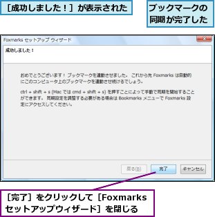 ブックマークの同期が完了した,［完了］をクリックして［Foxmarks セットアップウィザード］を閉じる,［成功しました！］が表示された