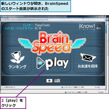 2［play］をクリック,新しいウィンドウが開き、BrainSpeedのスタート画面が表示された