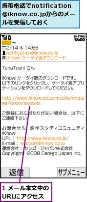 1 メール本文中のURLにアクセス,携帯電話でnotification@iknow.co.jpからのメールを受信しておく
