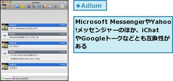 Microsoft MessengerやYahoo!メッセンジャーのほか、iChatやGoogleトークなどとも互換性がある