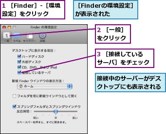 1 ［Finder］-［環境設定］をクリック,2 ［一般］をクリック,3 ［接続しているサーバ］をチェック,接続中のサーバーがデスクトップにも表示される,［Finderの環境設定］が表示された