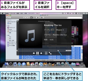 1 音楽ファイルがあるフォルダを表示,2 音楽ファイルを選択,3 ［space］キーを押す,ここを左右にドラッグすると早送り・巻き戻しができる,クイックルックで表示され、音楽ファイルが再生された
