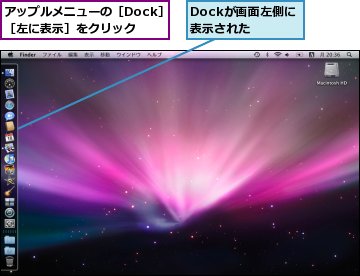 Dockが画面左側に表示された,アップルメニューの［Dock］-［左に表示］をクリック