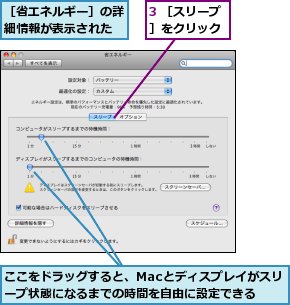 3 ［スリープ］をクリック,ここをドラッグすると、Macとディスプレイがスリープ状態になるまでの時間を自由に設定できる,［省エネルギー］の詳細情報が表示された