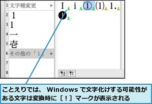 ことえりでは、 Windows で文字化けする可能性がある文字は変換時に［！］マークが表示される