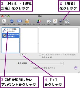 1 ［Mail］-［環境設定］をクリック,2 ［署名］をクリック,3 署名を追加したいアカウントをクリック,4 ［＋］をクリック