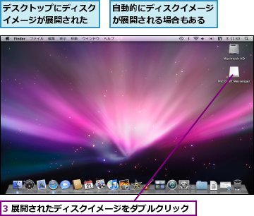 3 展開されたディスクイメージをダブルクリック,デスクトップにディスクイメージが展開された,自動的にディスクイメージが展開される場合もある