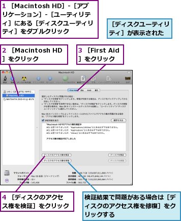 1 ［Macintosh HD］-［アプリケーション］-［ユーティリティ］にある［ディスクユーティリティ］をダブルクリック,2 ［Macintosh HD］をクリック,3 ［First Aid］をクリック,4 ［ディスクのアクセス権を検証］をクリック,検証結果で問題がある場合は［ディスクのアクセス権を修復］をクリックする,［ディスクユーティリティ］が表示された