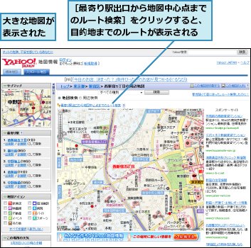 大きな地図が表示された,［最寄り駅出口から地図中心点までのルート検索］をクリックすると、目的地までのルートが表示される