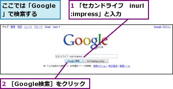 1 「セカンドライフ　inurl:impress」と入力,2 ［Google検索］をクリック,ここでは「Google」で検索する
