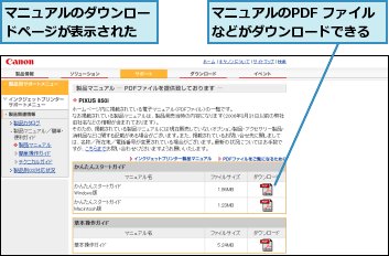 マニュアルのPDF ファイルなどがダウンロードできる,マニュアルのダウンロードページが表示された