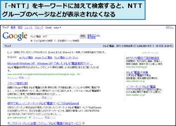 「-NTT」をキーワードに加えて検索すると、NTTグループのページなどが表示されなくなる