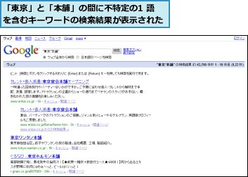 「東京」と「本舗」の間に不特定の1 語を含むキーワードの検索結果が表示された