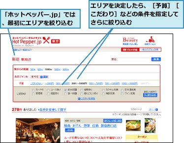 「ホットペッパー.jp」では、最初にエリアを絞り込む,エリアを決定したら、［予算］［こだわり］などの条件を指定してさらに絞り込む