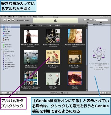 アルバムをダブルクリック,好きな曲が入っているアルバムを開く,［Genius機能をオンにする］と表示されている場合は、クリックして設定を行うとGenius機能を利用できるようになる