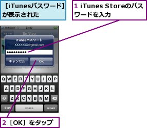 1 iTunes Storeのパスワードを入力,2［OK］をタップ,［iTunesパスワード］が表示された