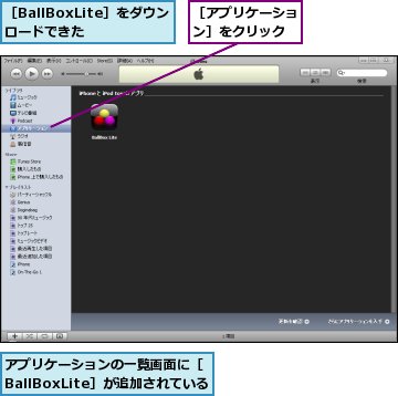 アプリケーションの一覧画面に［BallBoxLite］が追加されている,［BallBoxLite］をダウンロードできた,［アプリケーション］をクリック