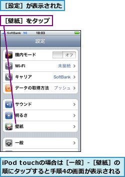 iPod touchの場合は［一般］-［壁紙］の順にタップすると手順4の画面が表示される,［壁紙］をタップ,［設定］が表示された