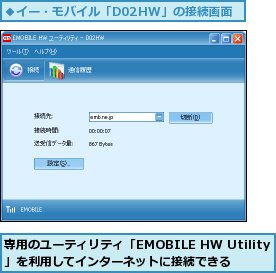 専用のユーティリティ「EMOBILE HW Utility」を利用してインターネットに接続できる