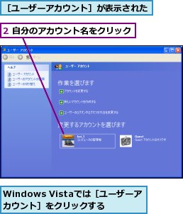 2 自分のアカウント名をクリック,Windows Vistaでは［ユーザーアカウント］をクリックする,［ユーザーアカウント］が表示された
