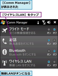 無線LANがオンになる,［Comm Manager］が表示された,［ワイヤレスLAN］をタップ