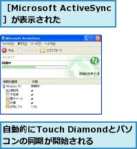 自動的にTouch Diamondとパソコンの同期が開始される,［Microsoft ActiveSync］が表示された