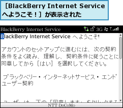 ［BlackBerry Internet Serviceへようこそ！］が表示された