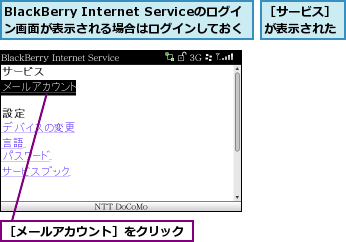 BlackBerry Internet Serviceのログイン画面が表示される場合はログインしておく,［サービス］が表示された,［メールアカウント］をクリック