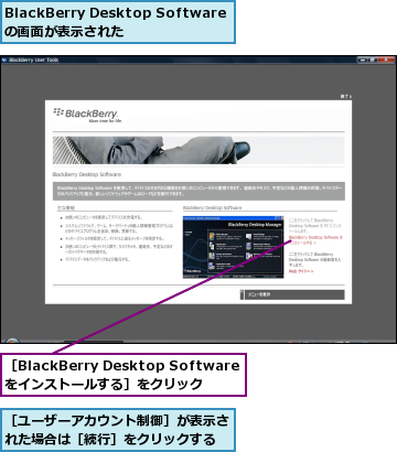 BlackBerry Desktop Softwareの画面が表示された,［BlackBerry Desktop Softwareをインストールする］をクリック,［ユーザーアカウント制御］が表示された場合は［続行］をクリックする