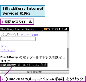 1 画面をスクロール,2［BlackBerryメールアドレスの作成］をクリック,［BlackBerry Internet Service］に戻る