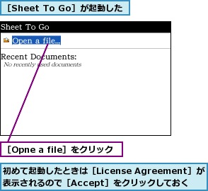 初めて起動したときは［License Agreement］が表示されるので［Accept］をクリックしておく,［Opne a file］をクリック,［Sheet To Go］が起動した