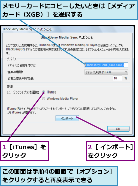 1［iTunes］をクリック,2［ インポート］をクリック    ,この画面は手順4の画面で［オプション］をクリックすると再度表示できる    ,メモリーカードにコピーしたいときは［メディアカード（XGB）］を選択する       