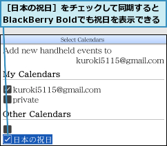 ［日本の祝日］をチェックして同期するとBlackBerry Boldでも祝日を表示できる