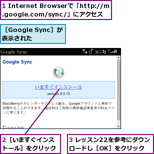 1 Internet Browserで「http://m.google.com/sync/」にアクセス,2［いますぐインストール］をクリック,3 レッスン22を参考にダウンロードし［OK］をクリック,［Google Sync］が表示された