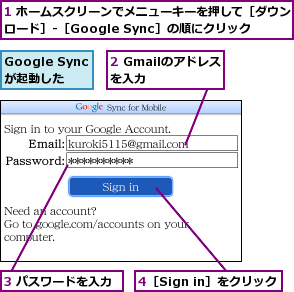 1 ホームスクリーンでメニューキーを押して［ダウンロード］-［Google Sync］の順にクリック,2 Gmailのアドレスを入力  ,3 パスワードを入力,4［Sign in］をクリック,Google Syncが起動した