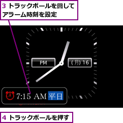 3 トラックボールを回してアラーム時刻を設定   ,4 トラックボールを押す