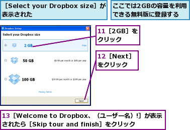 ここでは2GBの容量を利用できる無料版に登録する,［Select your Dropbox size］が表示された     