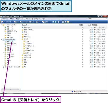 Gmailの［受信トレイ］をクリック,Windowsメールのメインの画面でGmailのフォルダの一覧が表示された