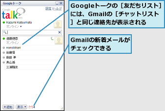 Gmailの新着メールがチェックできる,Googleトークの［友だちリスト］には、Gmailの［チャットリスト］と同じ連絡先が表示される