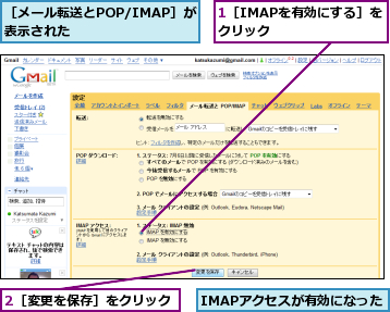 1［IMAPを有効にする］をクリック      ,2［変更を保存］をクリック,IMAPアクセスが有効になった,［メール転送とPOP/IMAP］が表示された       
